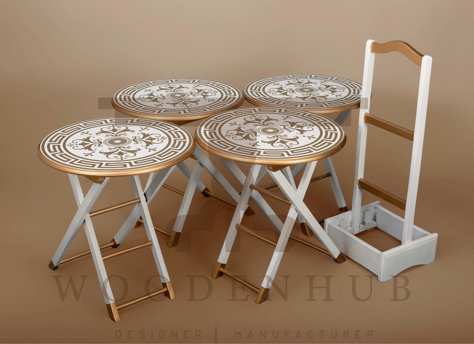 Wooden Folding Snack Table Set Of WHITE ROUND SERVING TABLE SET (4PC)