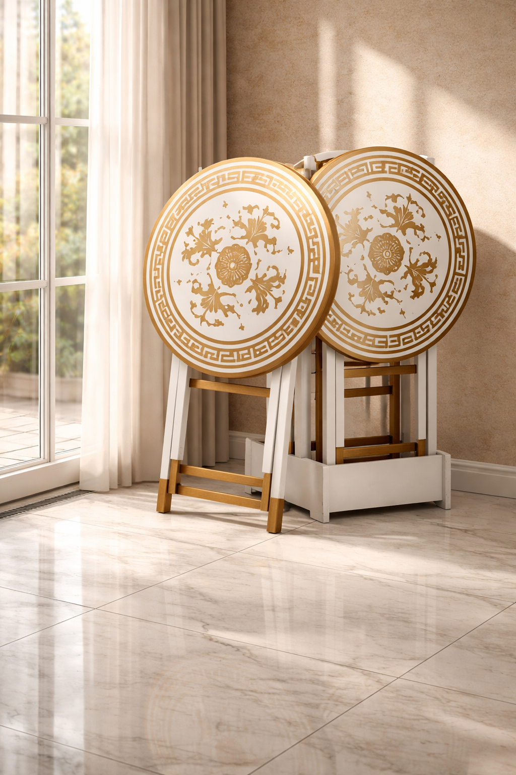 WHITE ROUND SERVING TABLE SET (2PC)